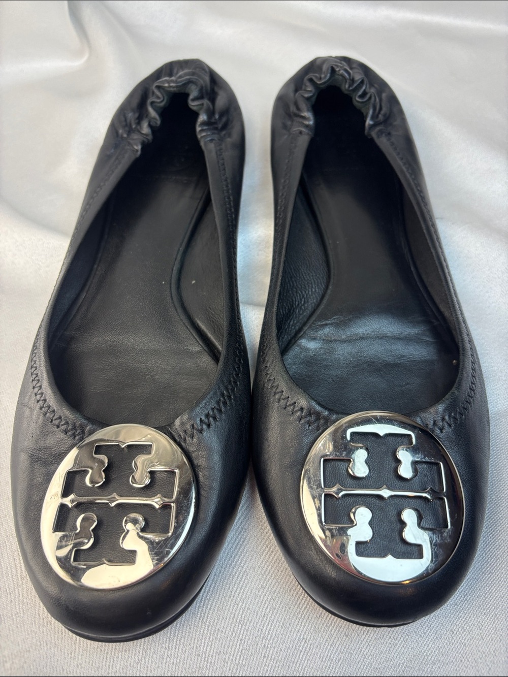 Tory Burch Black Leather Logo Ballet Flats